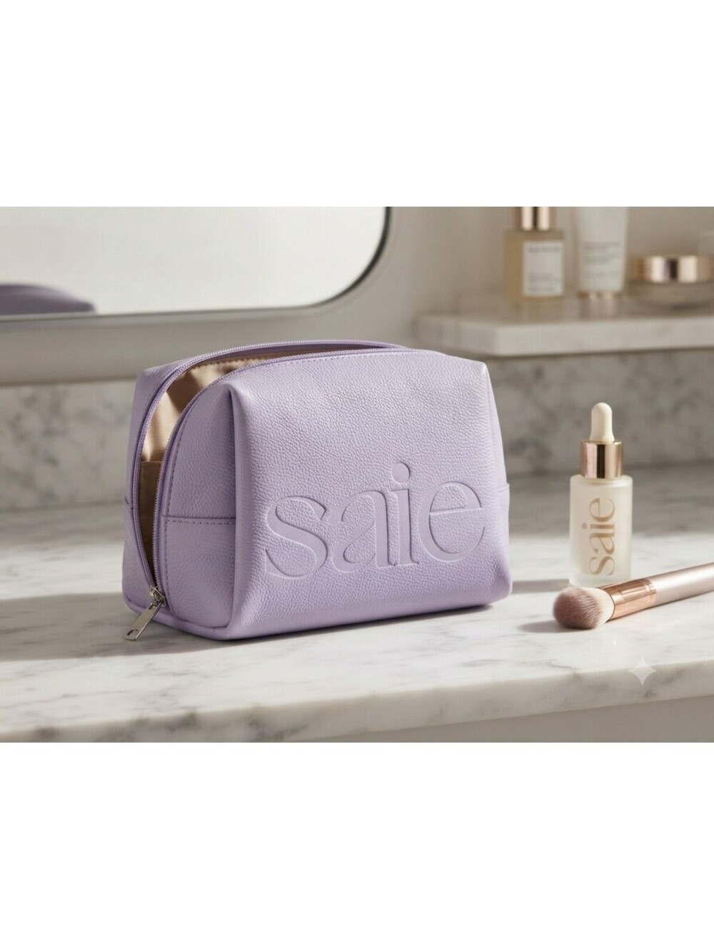 Saie Beauty Lilac Vegan Leather Oversized Makeup Bag Cosmetic Pouch